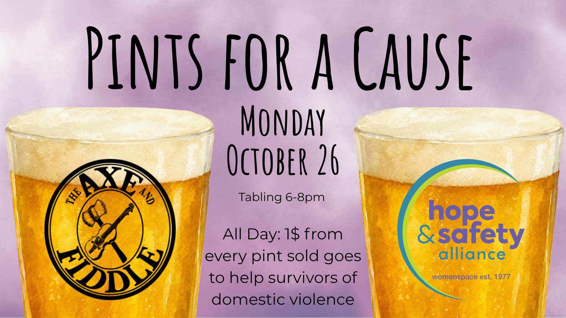 Pints For A Cause Benefiting Hope and Safety Alliance – FREE, Donations Encouraged at Axe & Fiddle